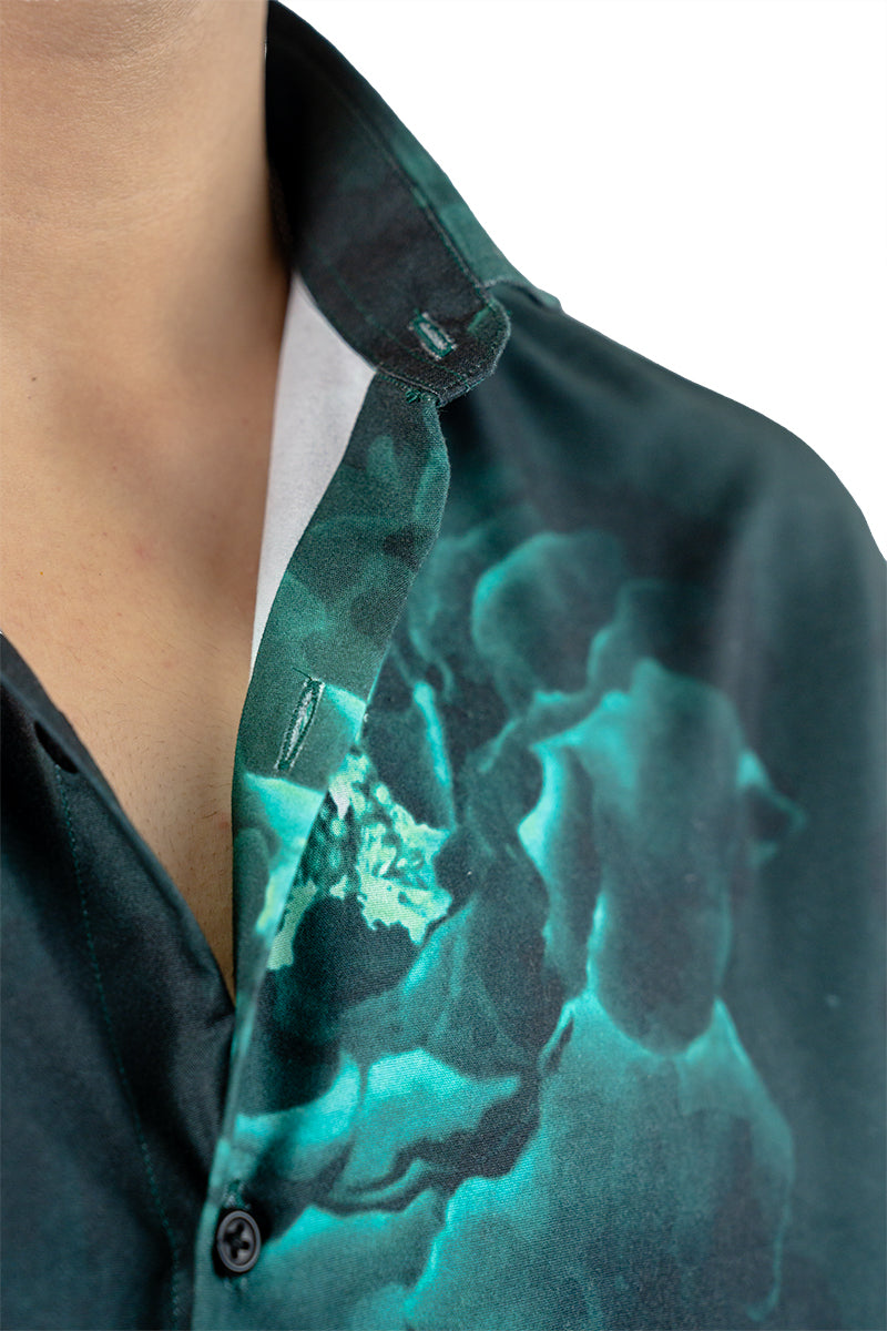 Dark Green Floral Men's Digital Satin Printed Shirt