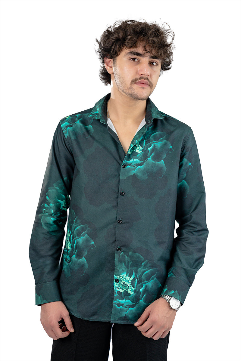 Dark Green Floral Men's Digital Satin Printed Shirt