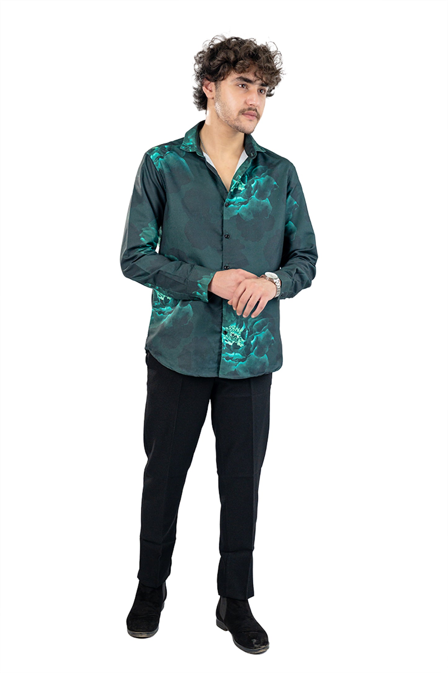 Dark Green Floral Men's Digital Satin Printed Shirt