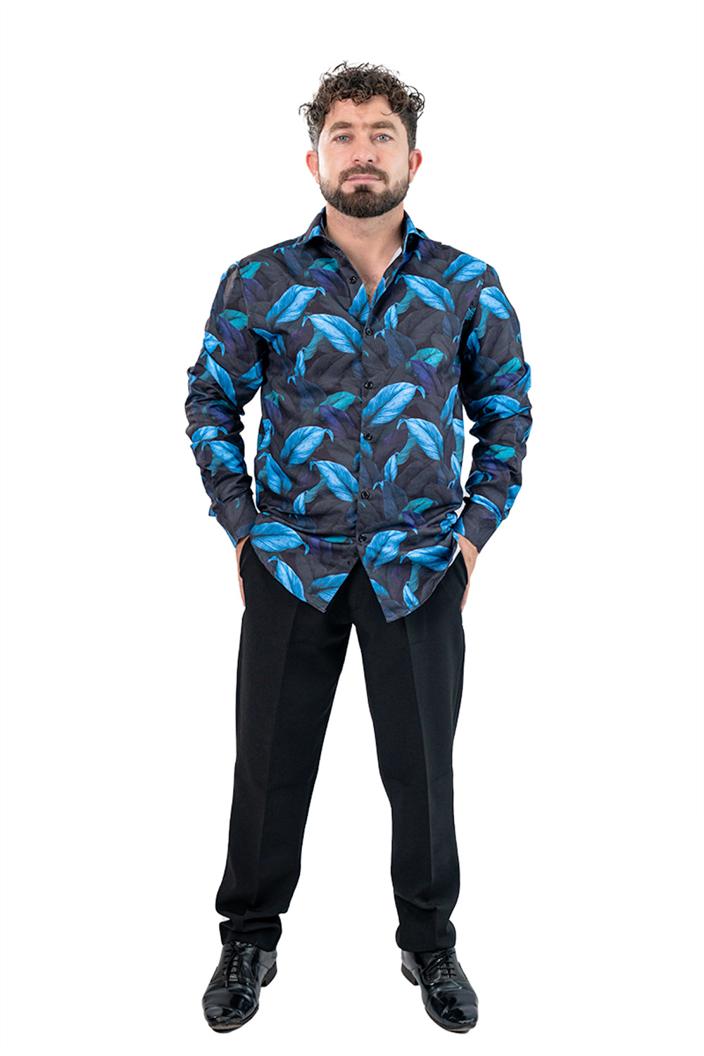 Navy Leaf Men's Digital Printed Satin Slim Fit Shirt
