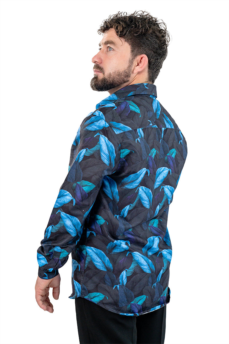 Navy Leaf Men's Digital Printed Satin Slim Fit Shirt