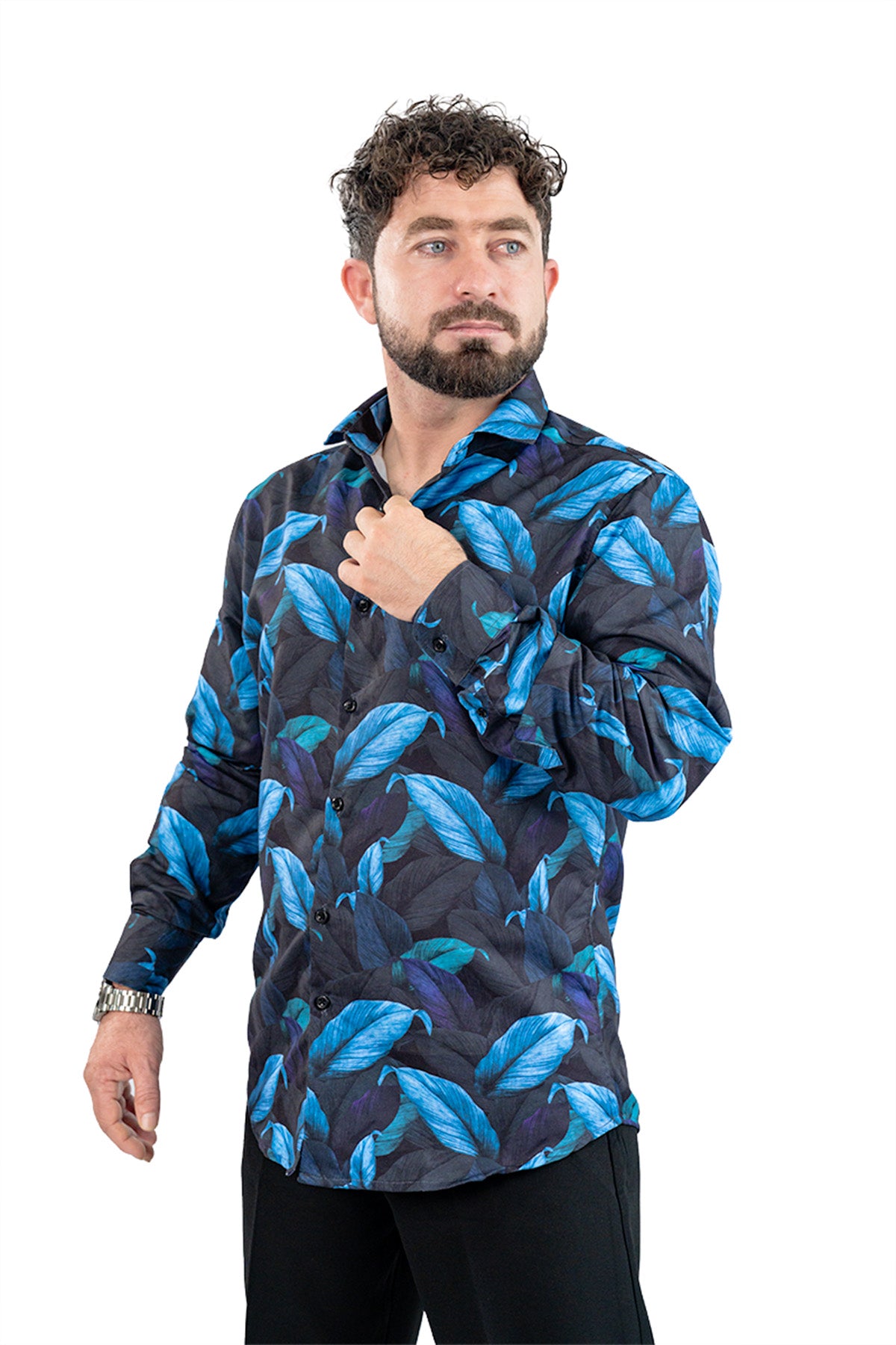 Navy Leaf Men's Digital Printed Satin Slim Fit Shirt