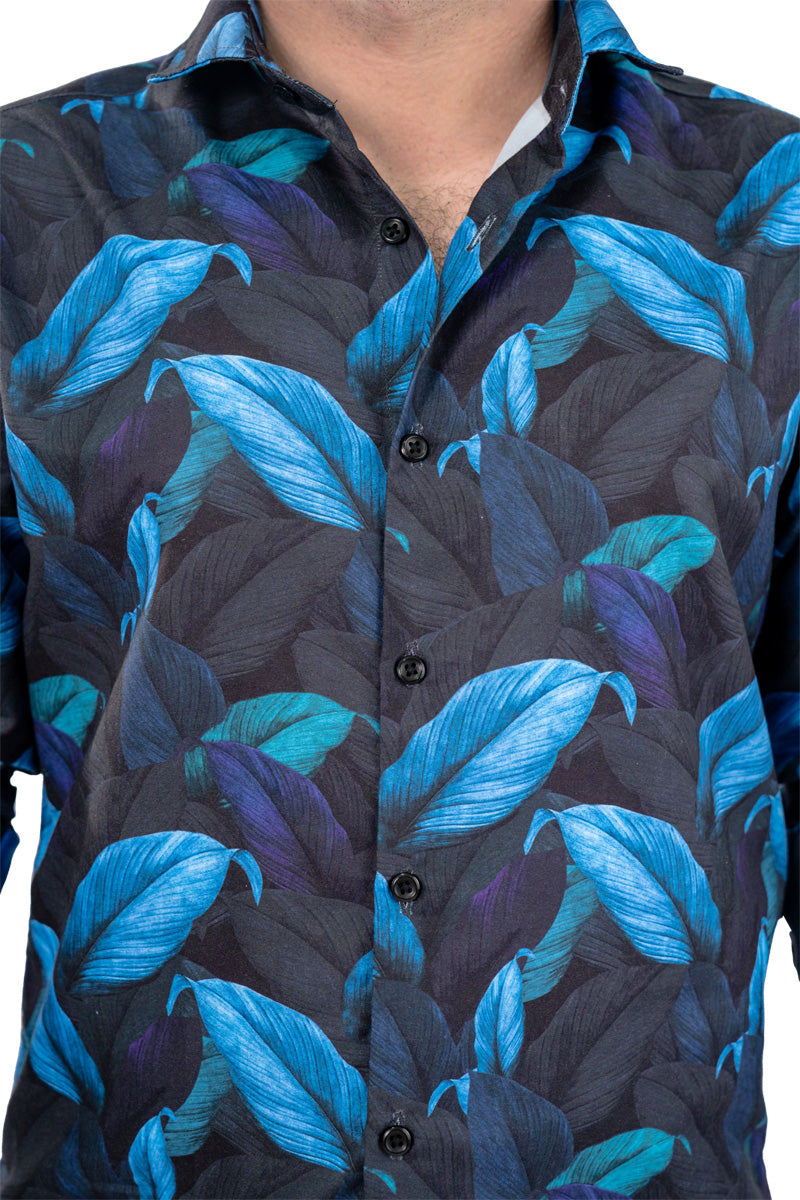 Navy Leaf Men's Digital Printed Satin Slim Fit Shirt