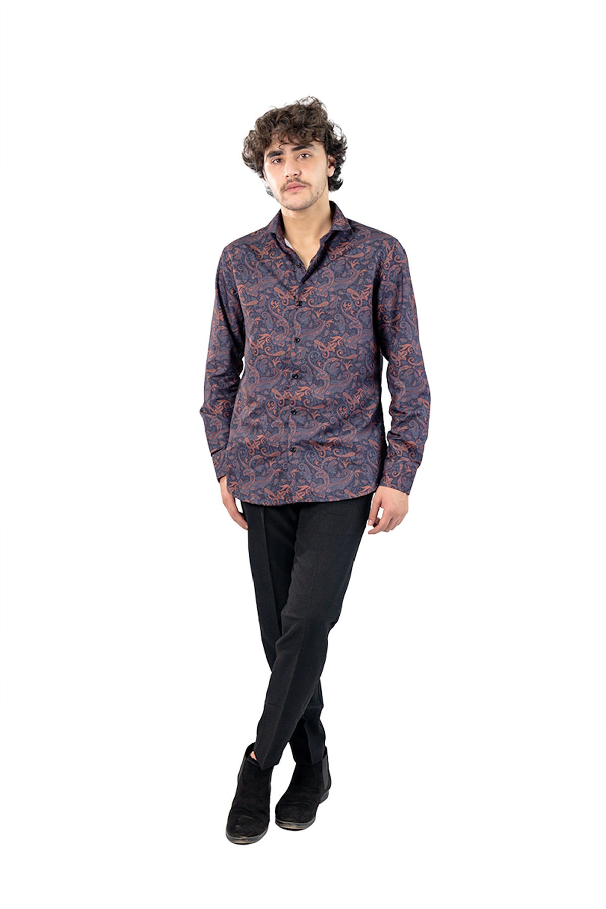 Navy Paisley Men's Digital Printed Satin Slim Fit Shirt