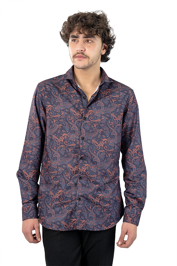 Navy Paisley Men's Digital Printed Satin Slim Fit Shirt