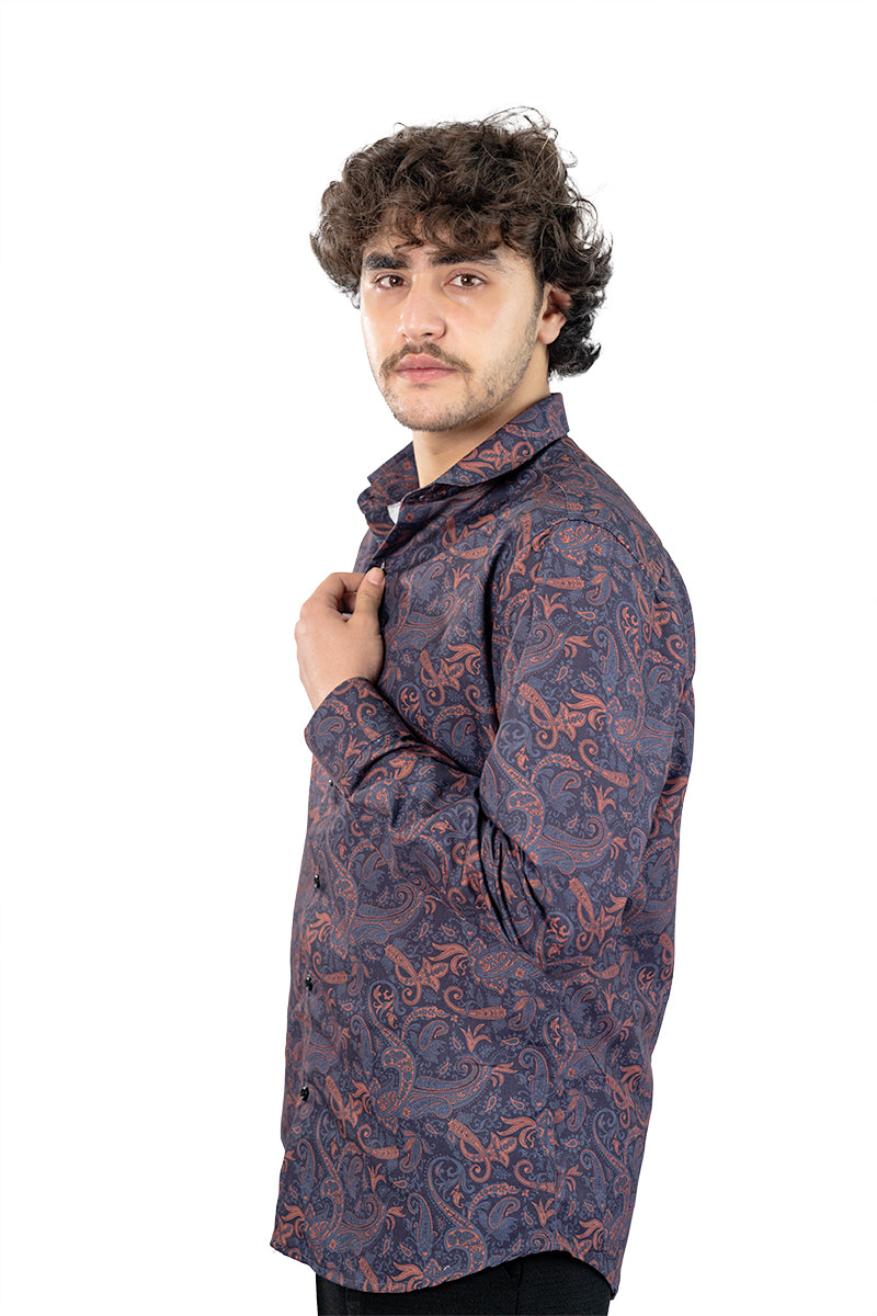 Navy Paisley Men's Digital Printed Satin Slim Fit Shirt