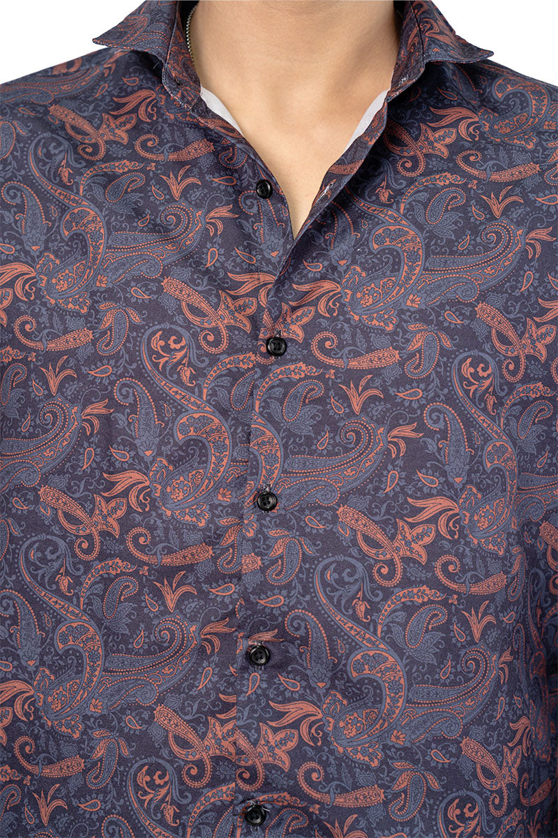 Navy Paisley Men's Digital Printed Satin Slim Fit Shirt