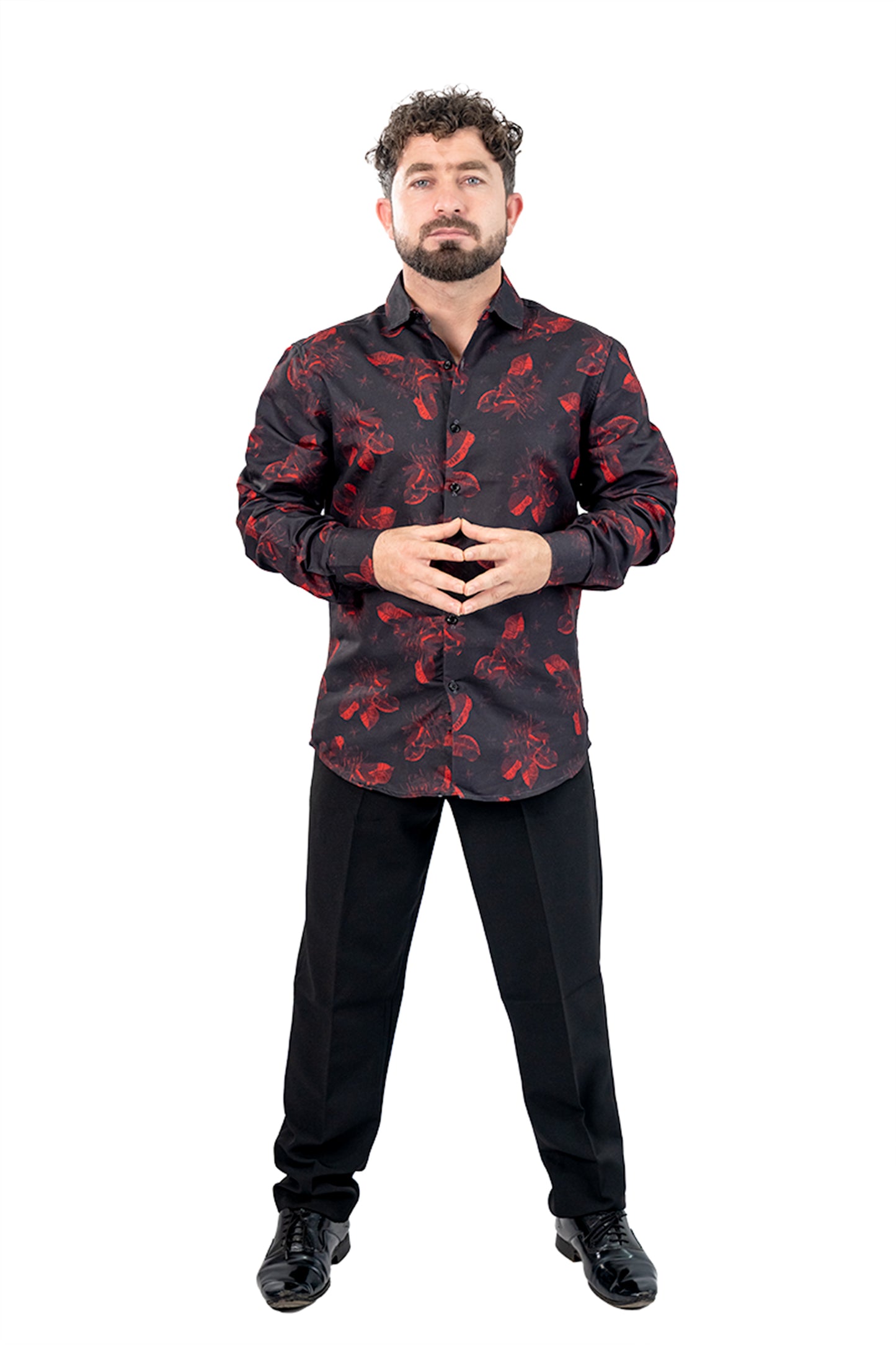 Black Floral Men's Digital Printed Satin Slim Fit Shirt