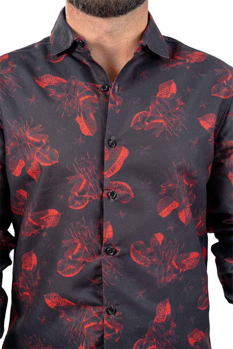 Black Floral Men's Digital Printed Satin Slim Fit Shirt
