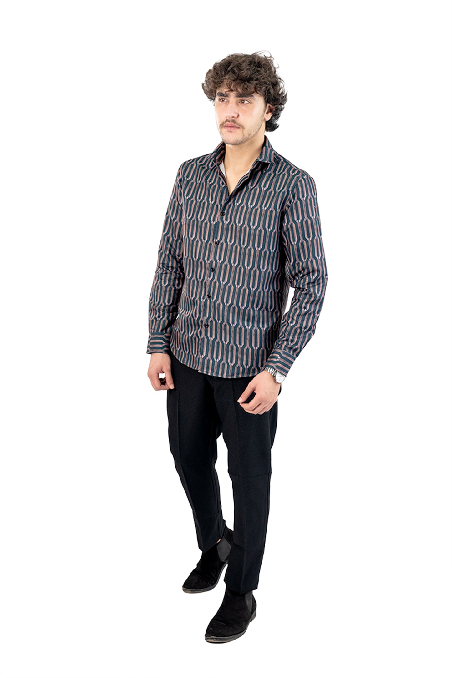 Navy Geometric Men's Digital Printed Satin Slim Fit Shirt
