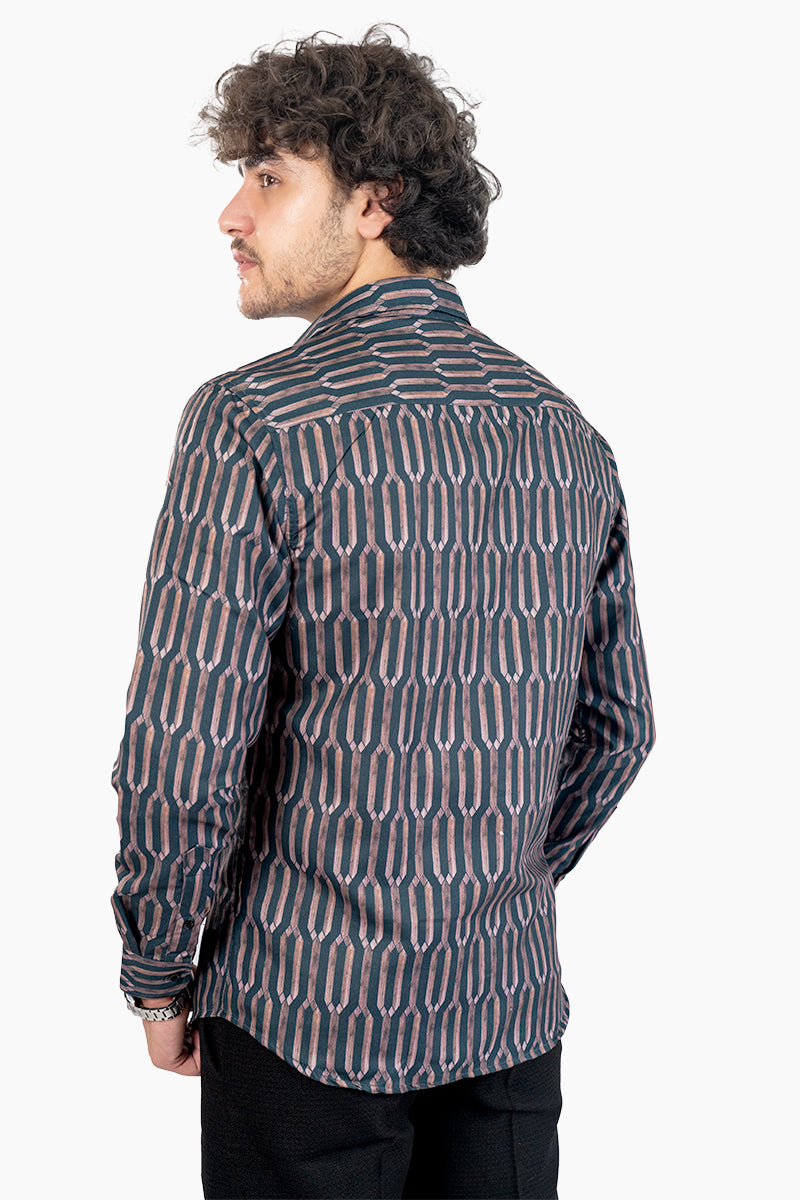 Navy Geometric Men's Digital Printed Satin Slim Fit Shirt