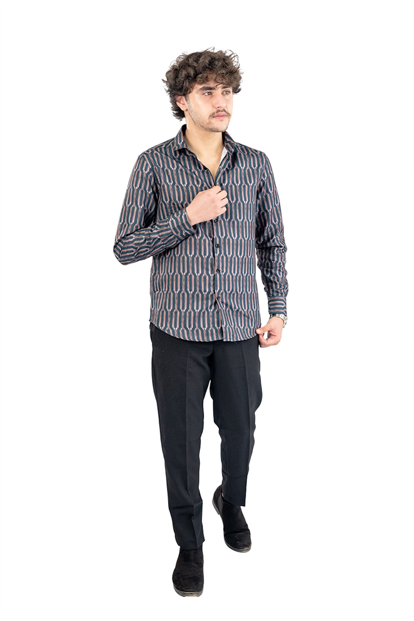 Navy Geometric Men's Digital Printed Satin Slim Fit Shirt