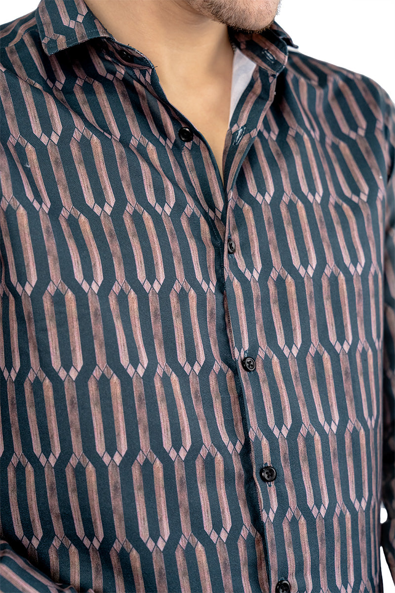 Navy Geometric Men's Digital Printed Satin Slim Fit Shirt