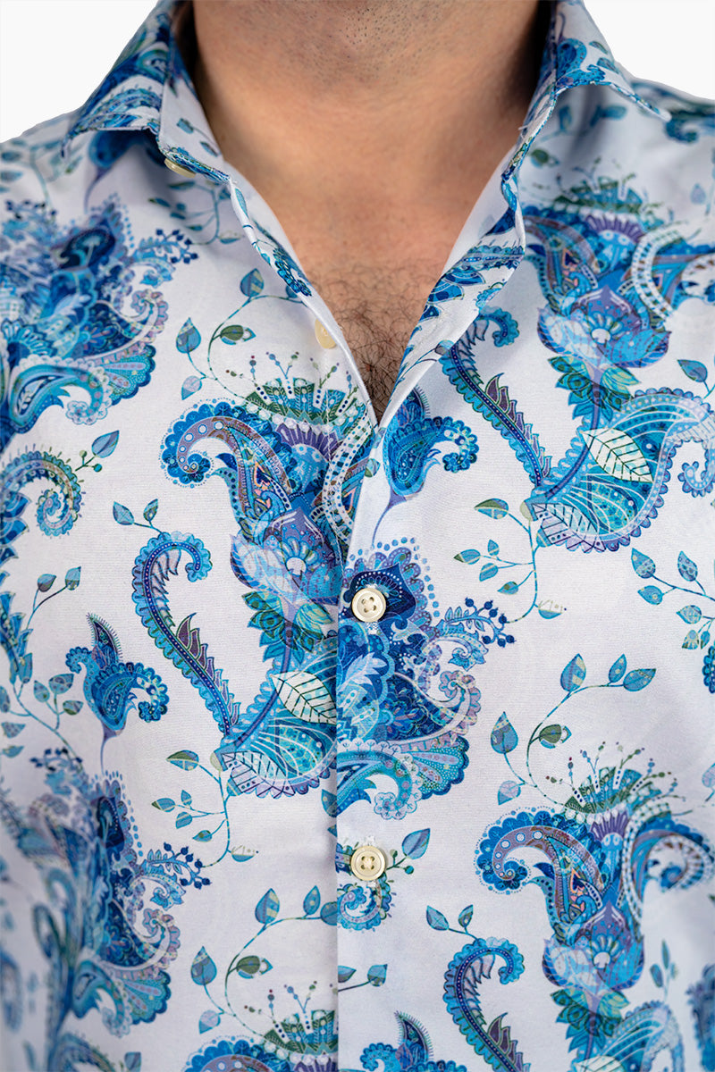 White Paisley Men's Digital Printed Satin Slim Fit Shirt