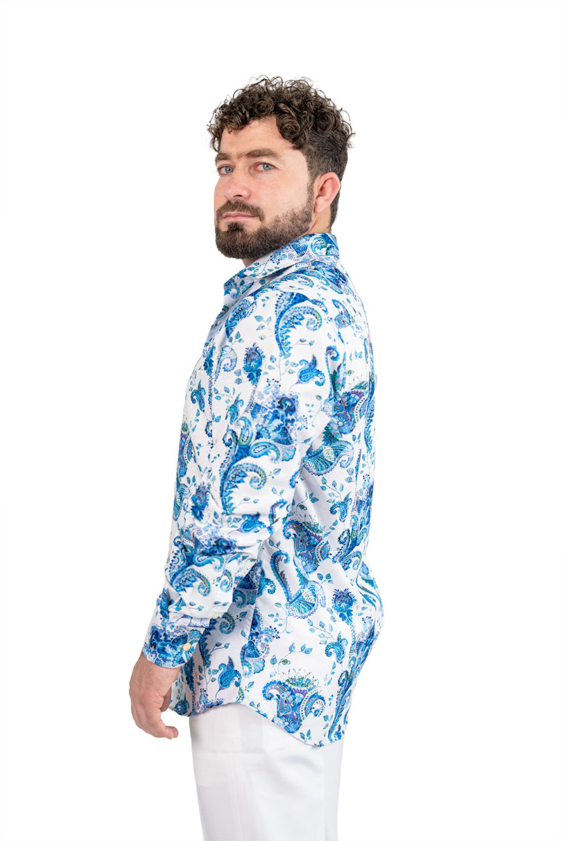 White Paisley Men's Digital Printed Satin Slim Fit Shirt