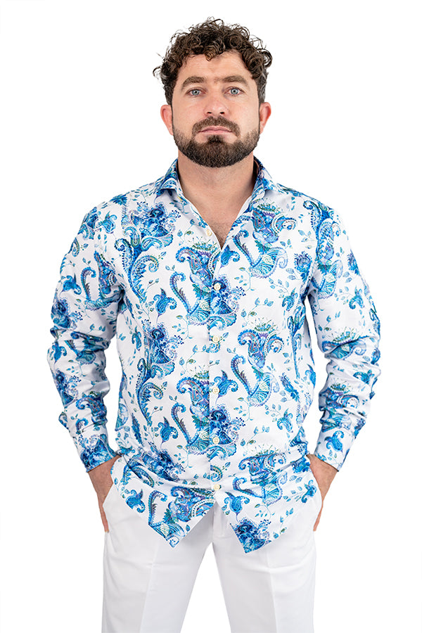 White Paisley Men's Digital Printed Satin Slim Fit Shirt