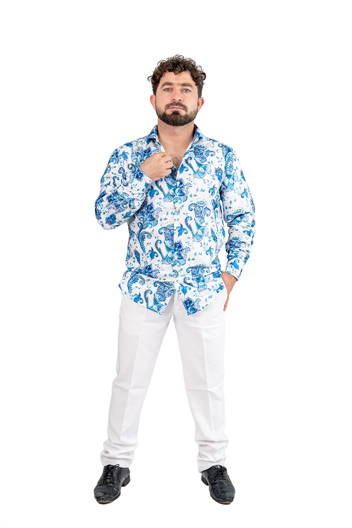 White Paisley Men's Digital Printed Satin Slim Fit Shirt