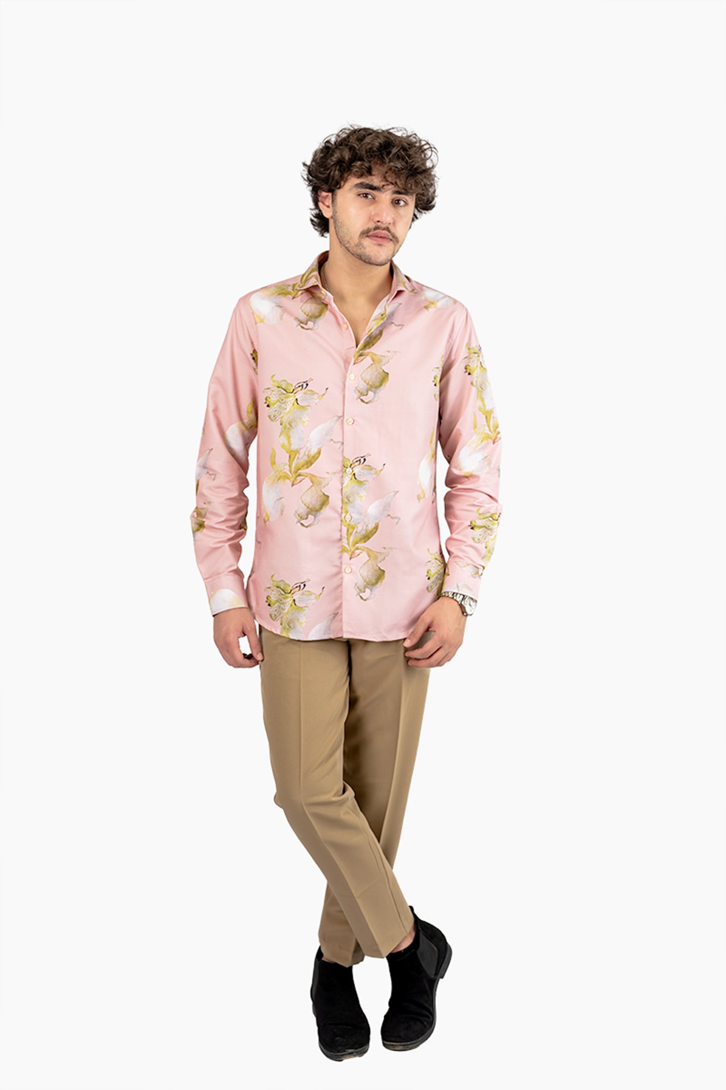Pink Floral Men's Digital Printed Satin Slim Fit Shirt