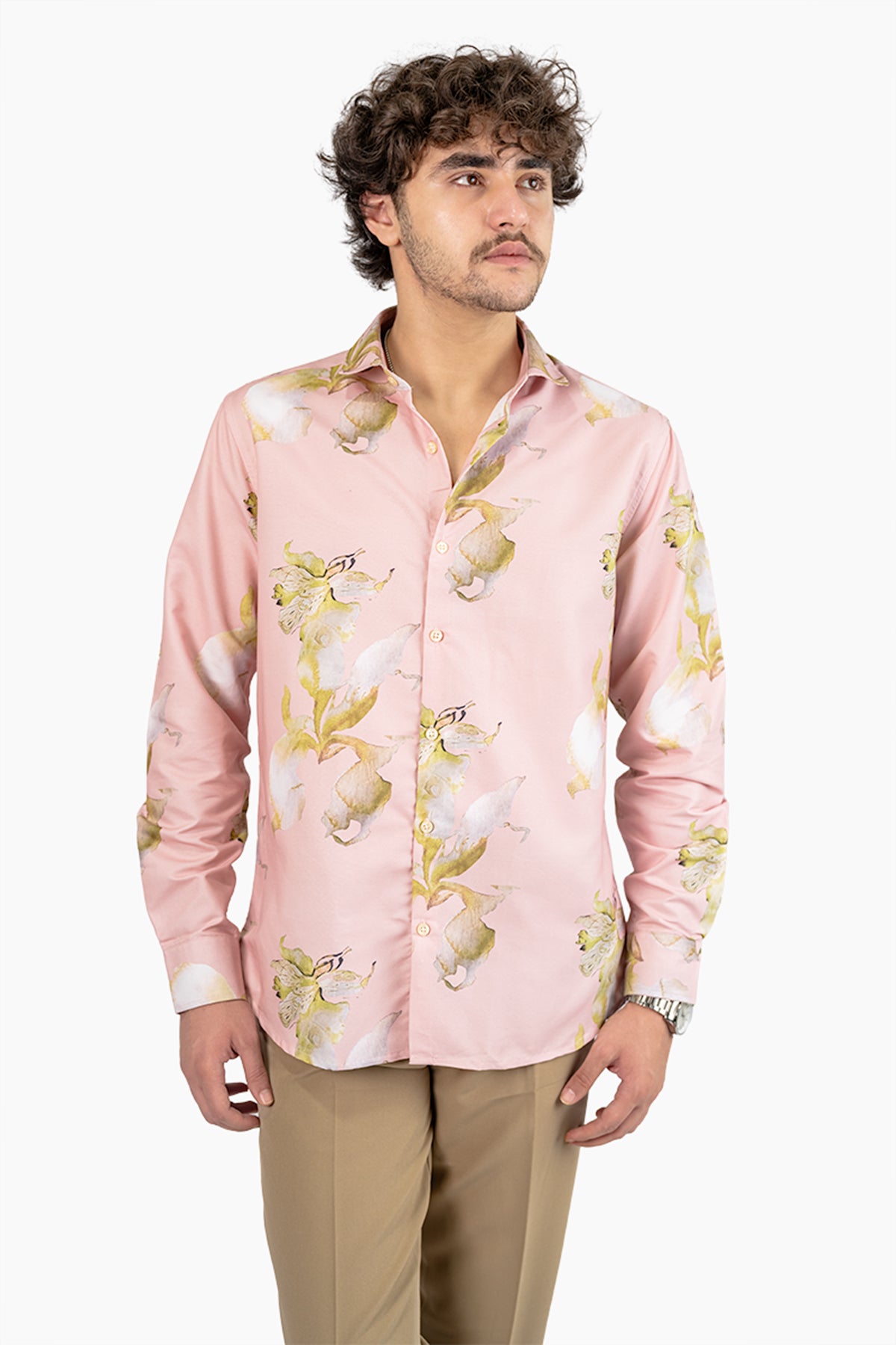 Pink Floral Men's Digital Printed Satin Slim Fit Shirt