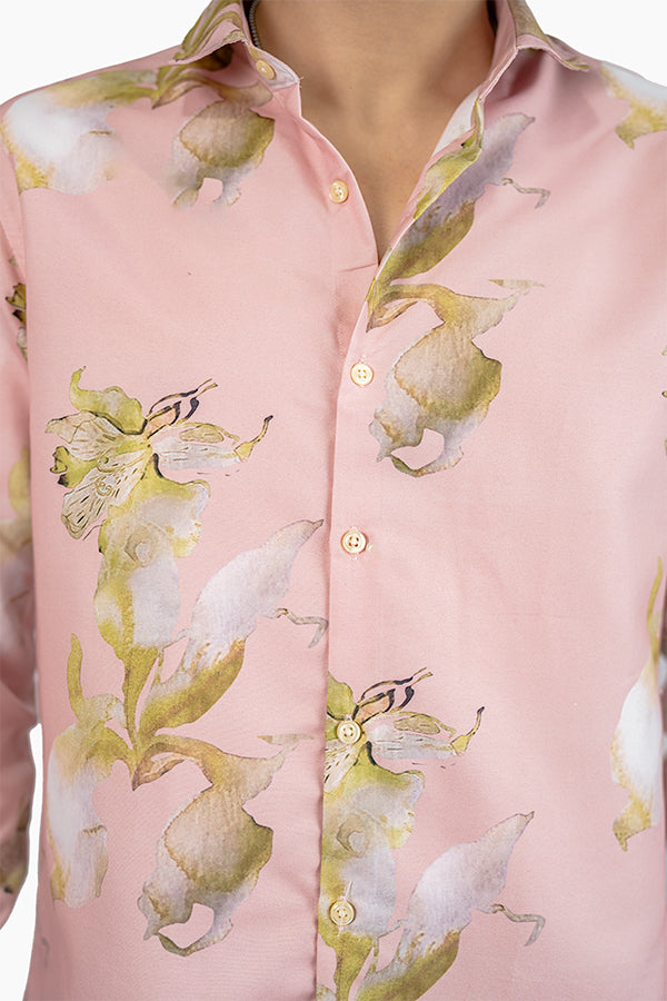 Pink Floral Men's Digital Printed Satin Slim Fit Shirt