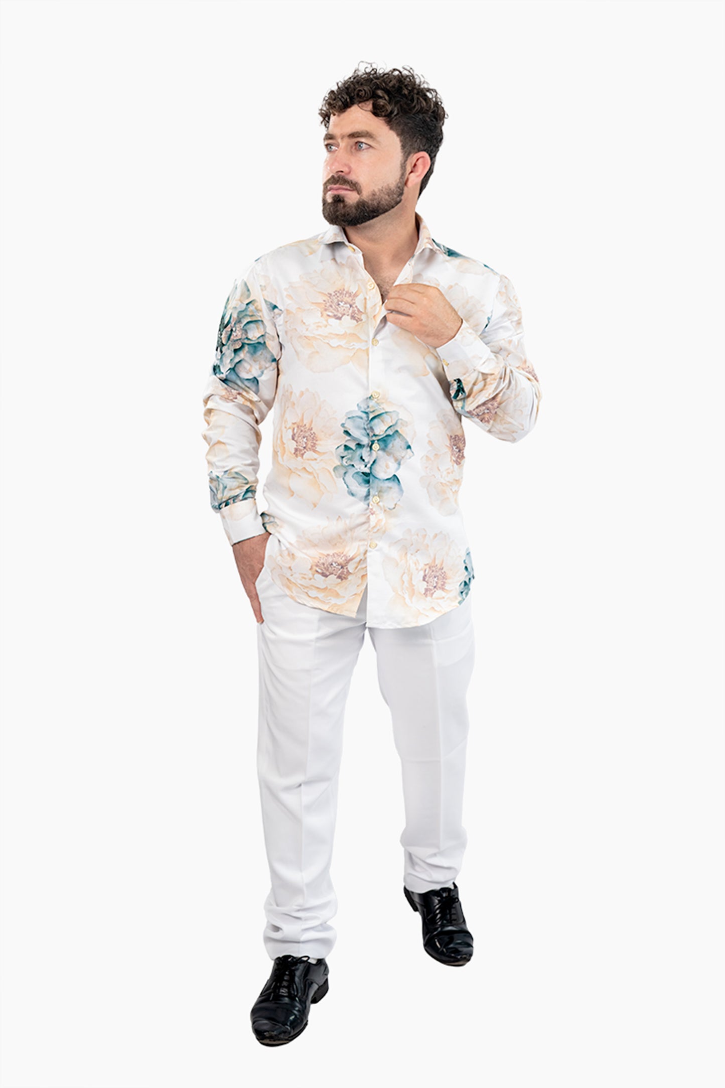 White Floral Men's Digital Printed Satin Slim Fit Shirt