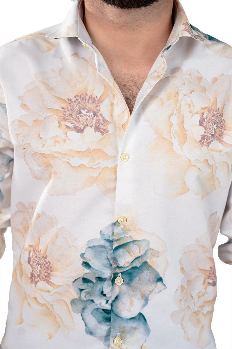 White Floral Men's Digital Printed Satin Slim Fit Shirt