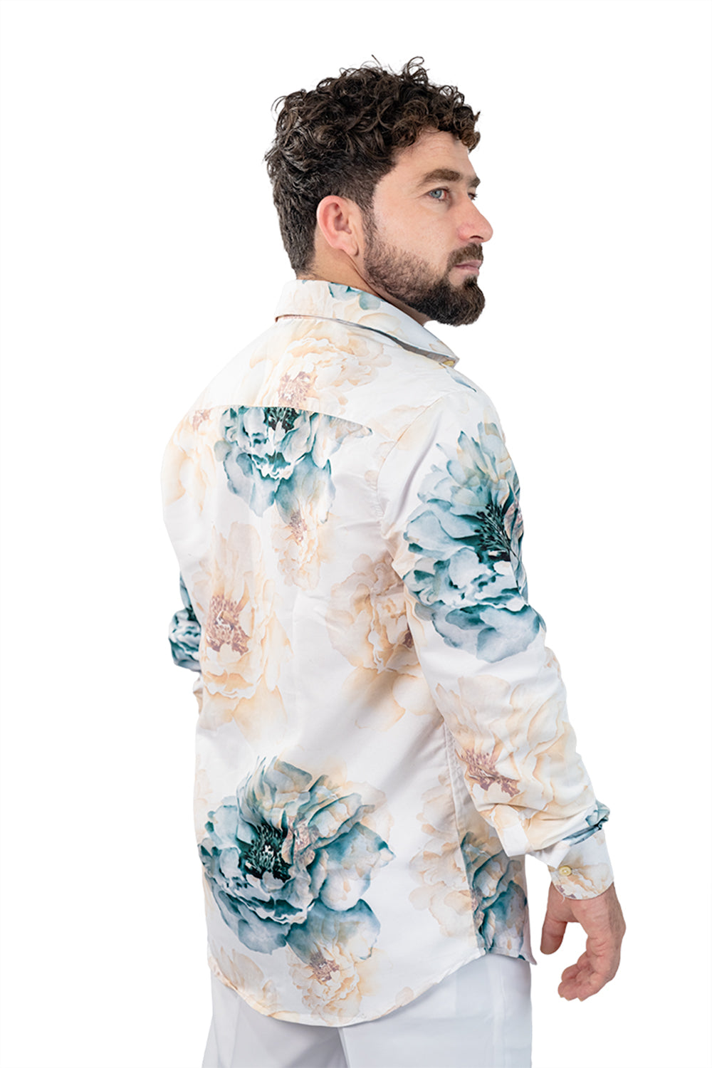 White Floral Men's Digital Printed Satin Slim Fit Shirt