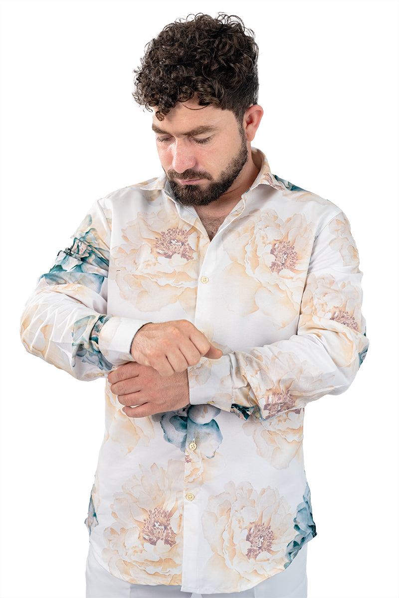 White Floral Men's Digital Printed Satin Slim Fit Shirt