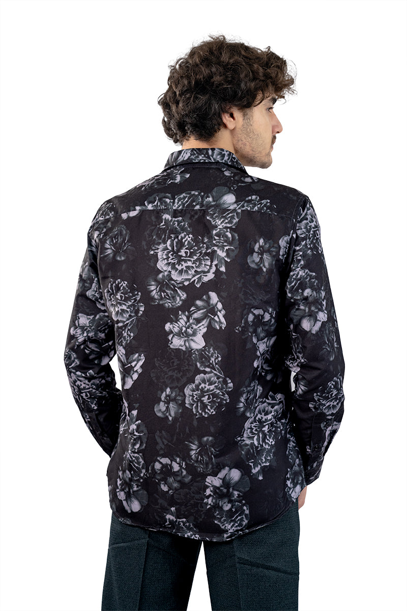 Black & White Floral Men's Digital Printed Satin Slim Fit Shirt