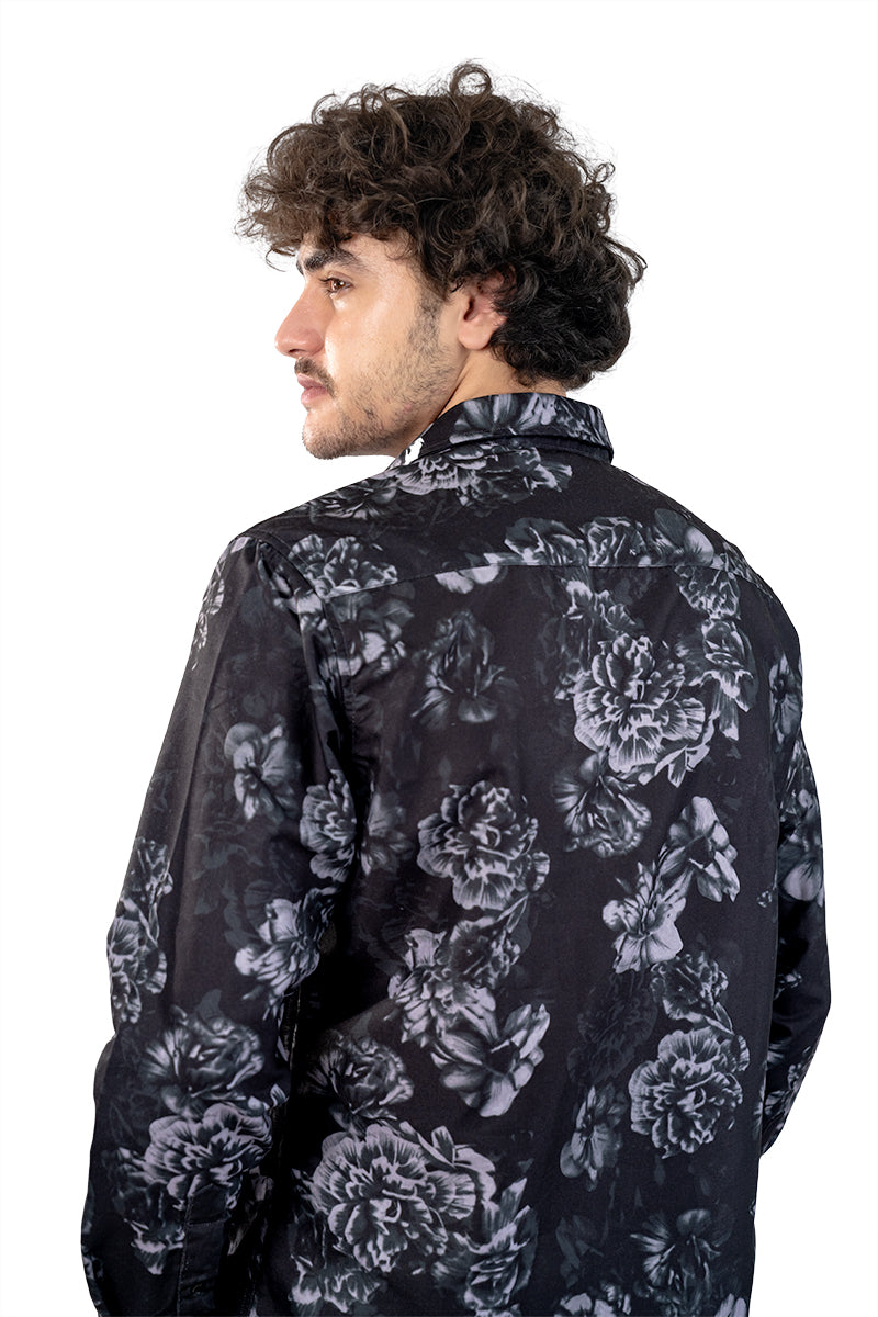 Black & White Floral Men's Digital Printed Satin Slim Fit Shirt