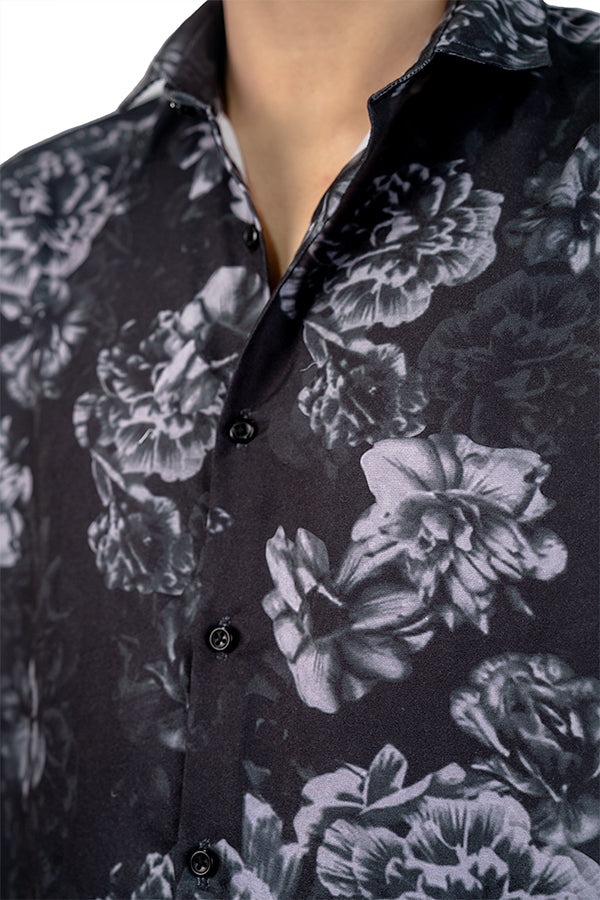 Black & White Floral Men's Digital Printed Satin Slim Fit Shirt