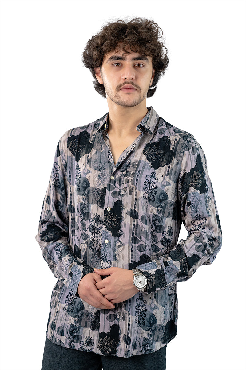 Navy Men's Digital Printed Satin Slim Fit Shirt