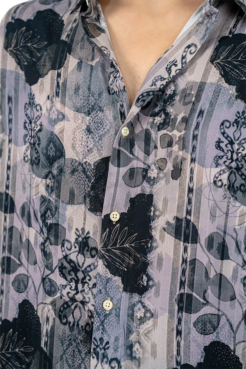 Navy Men's Digital Printed Satin Slim Fit Shirt