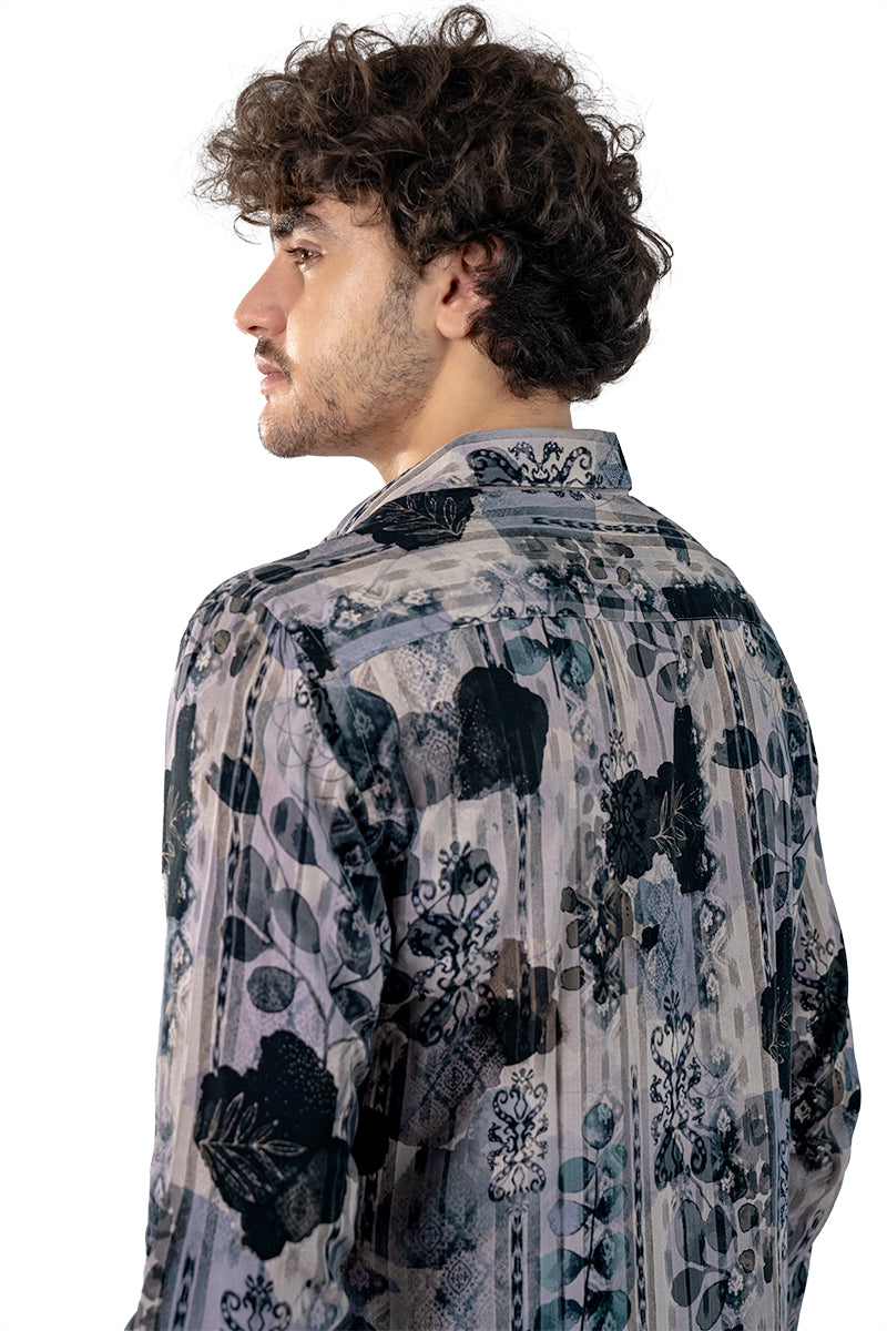 Navy Men's Digital Printed Satin Slim Fit Shirt
