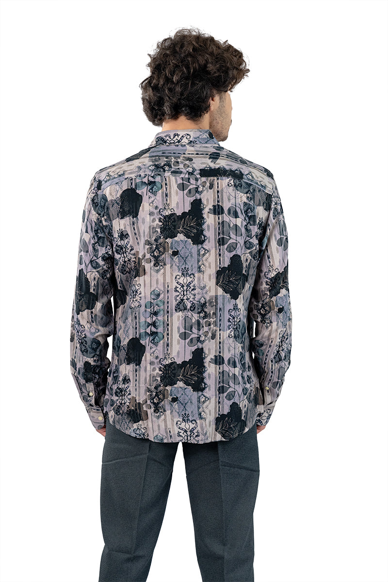 Navy Men's Digital Printed Satin Slim Fit Shirt