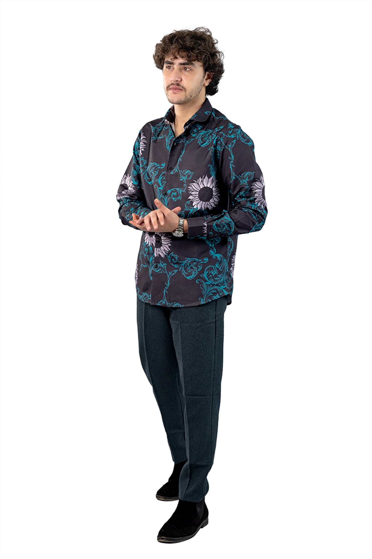 Navy Men's Digital Satin Printed Slim Fit Shirt