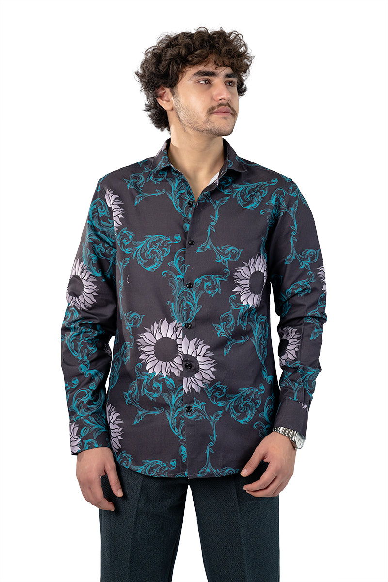 Navy Men's Digital Satin Printed Slim Fit Shirt
