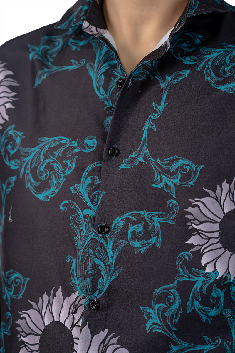 Navy Men's Digital Satin Printed Slim Fit Shirt