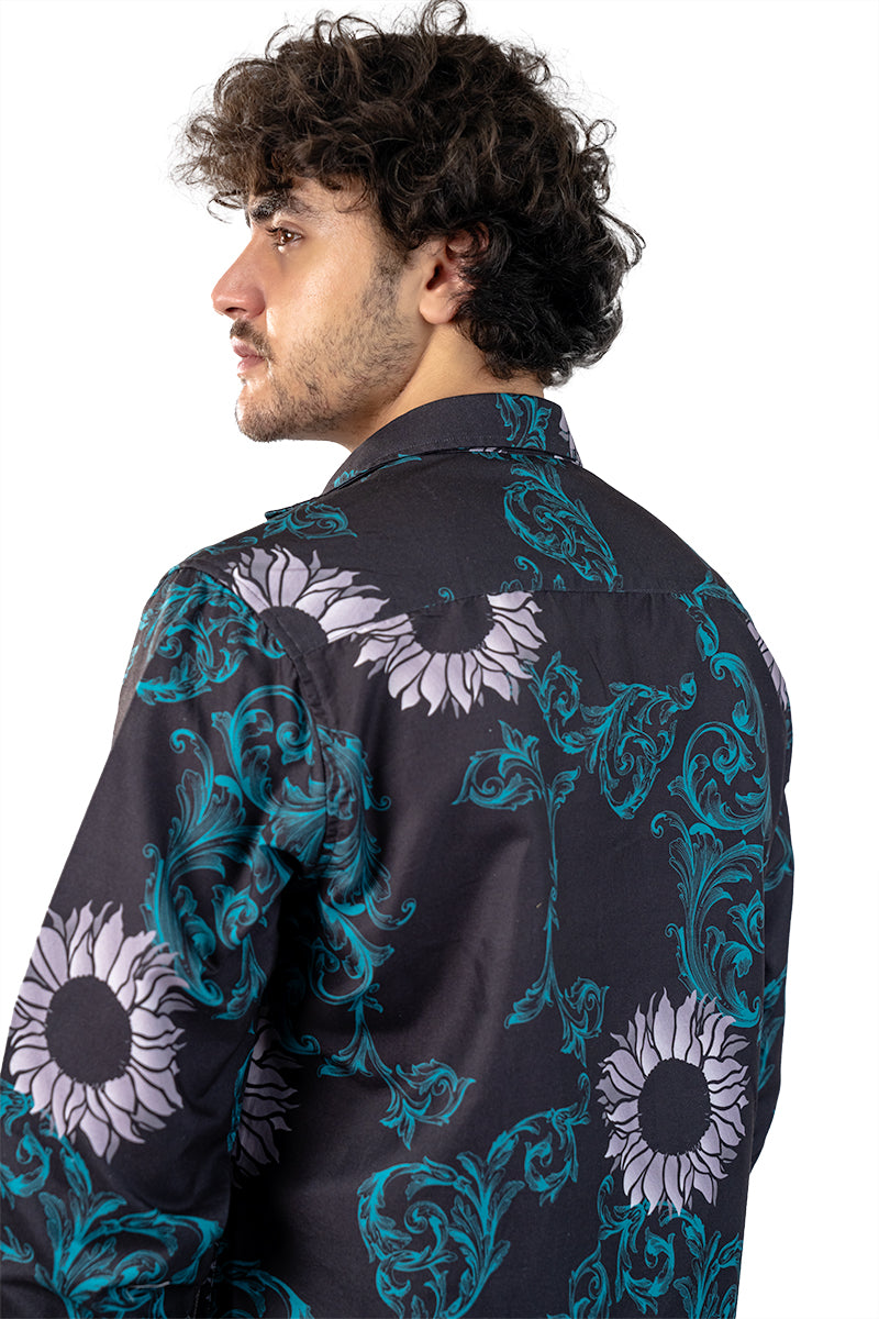 Navy Men's Digital Satin Printed Slim Fit Shirt