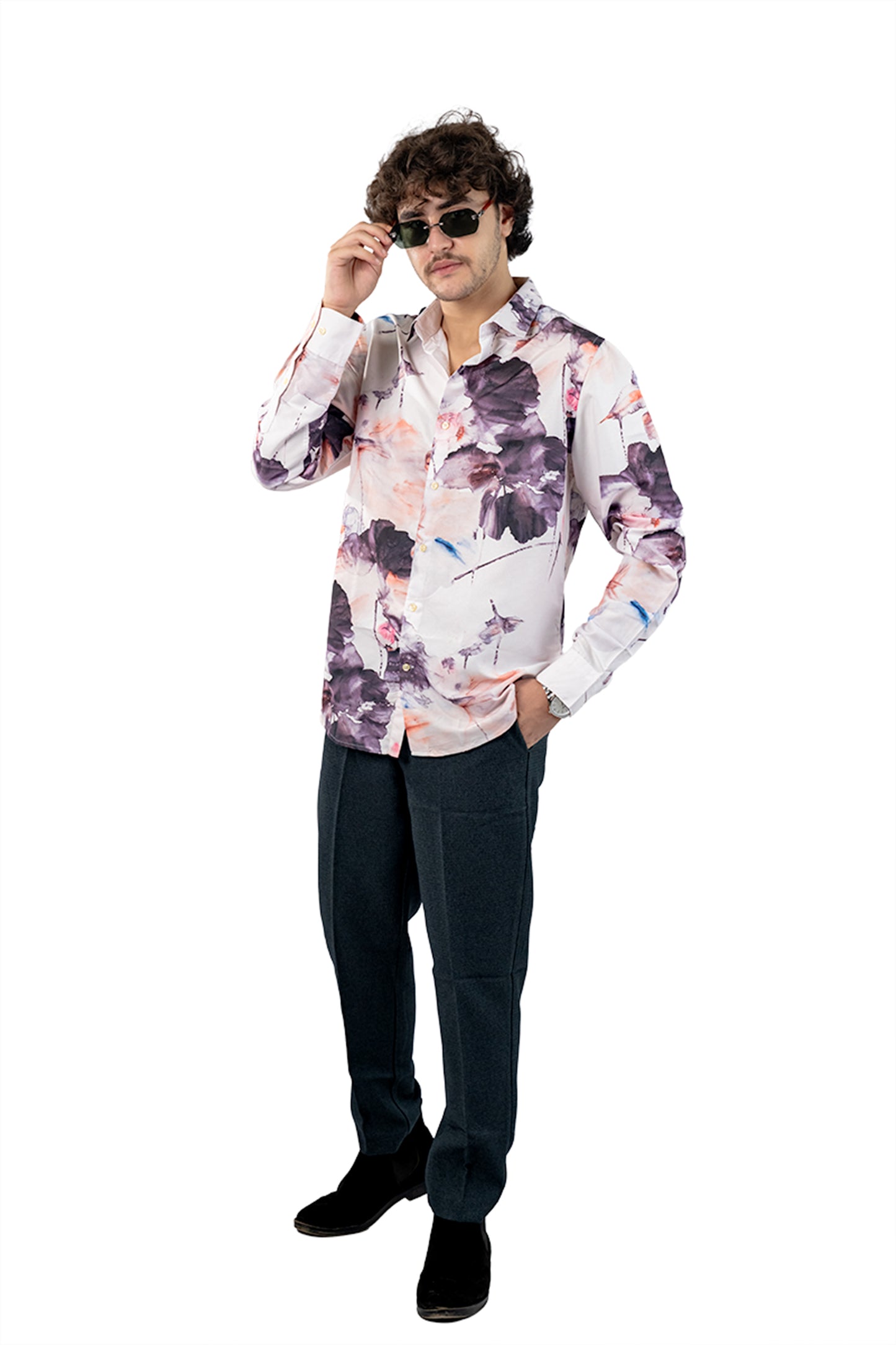 White Men's Digital Printed Satin Slim Fit Shirt