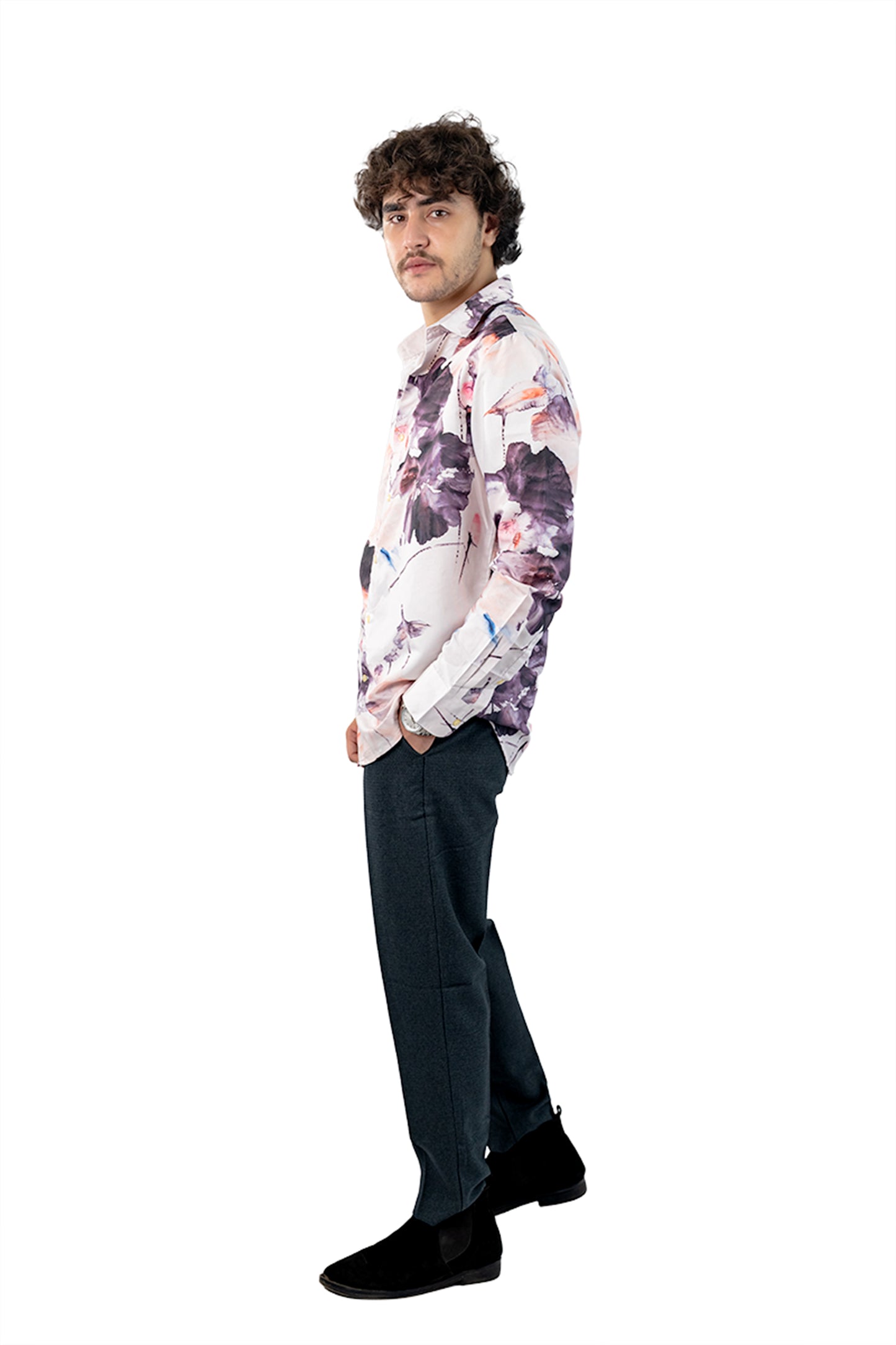 White Men's Digital Printed Satin Slim Fit Shirt