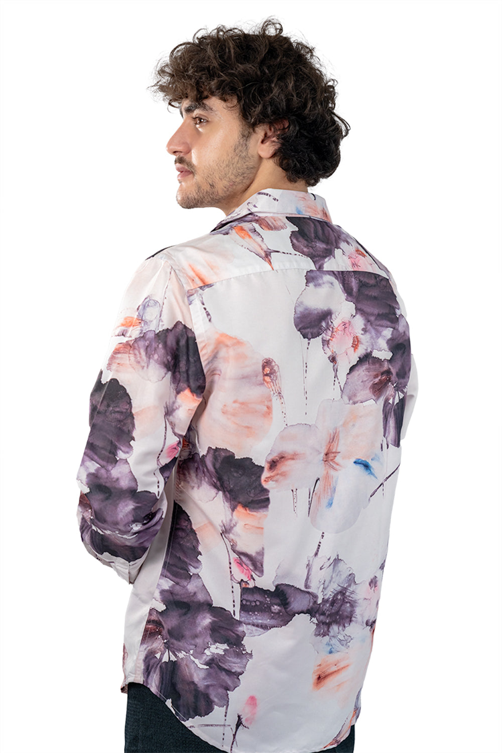 White Men's Digital Printed Satin Slim Fit Shirt