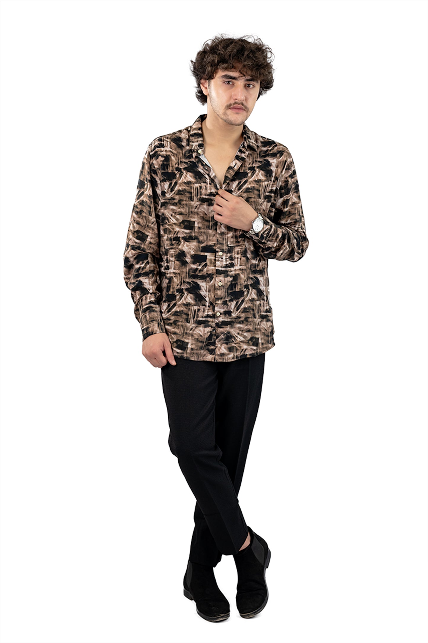 Brown Men's Digital Printed Satin Slim Fit Shirt
