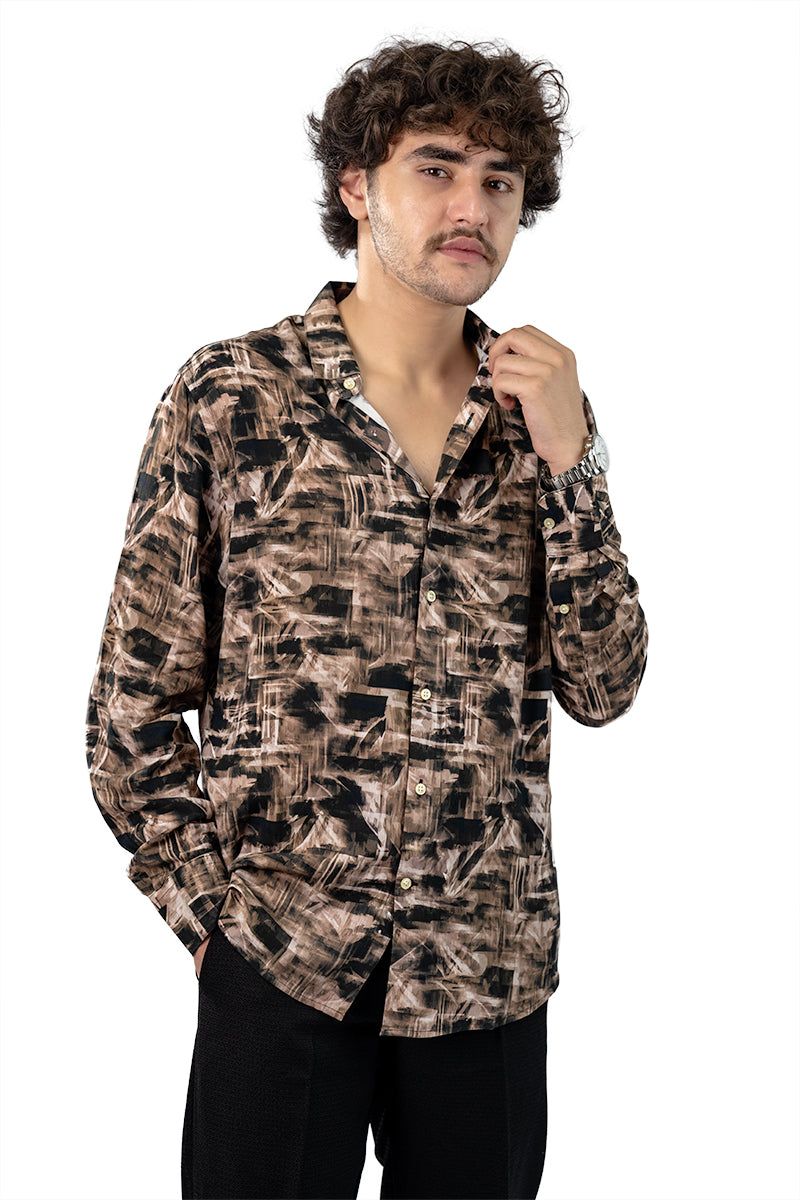 Brown Men's Digital Printed Satin Slim Fit Shirt