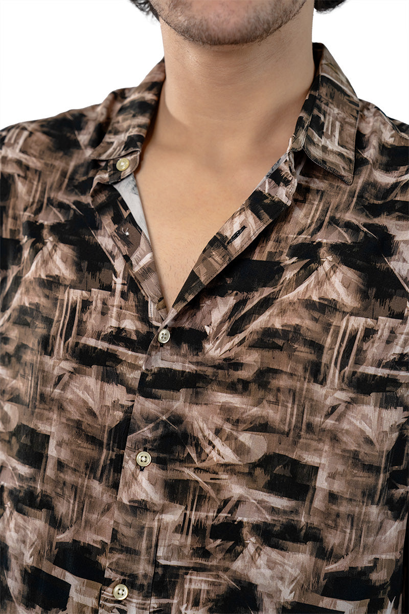 Brown Men's Digital Printed Satin Slim Fit Shirt
