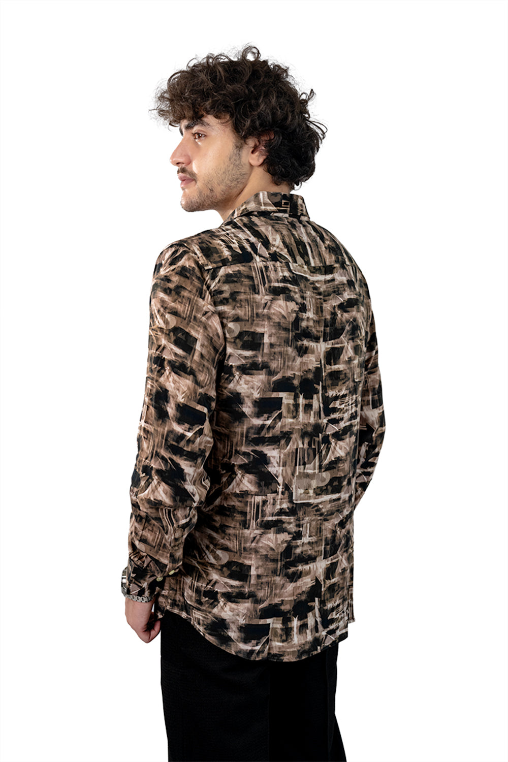 Brown Men's Digital Printed Satin Slim Fit Shirt