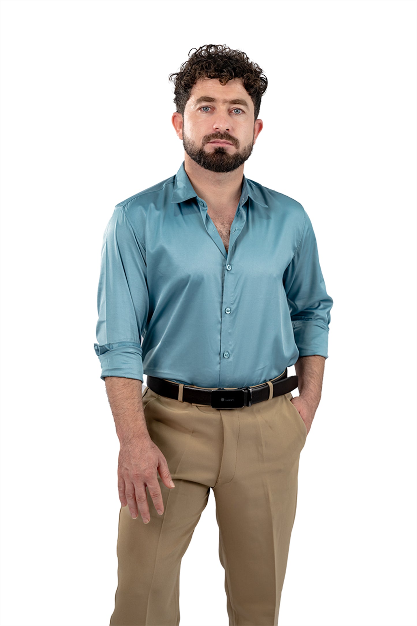 Teal Blue Men's Satin Slim Fit Shirt