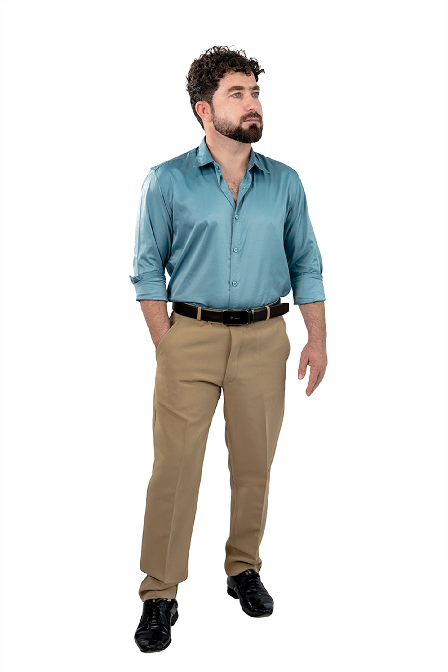 Teal Blue Men's Satin Slim Fit Shirt