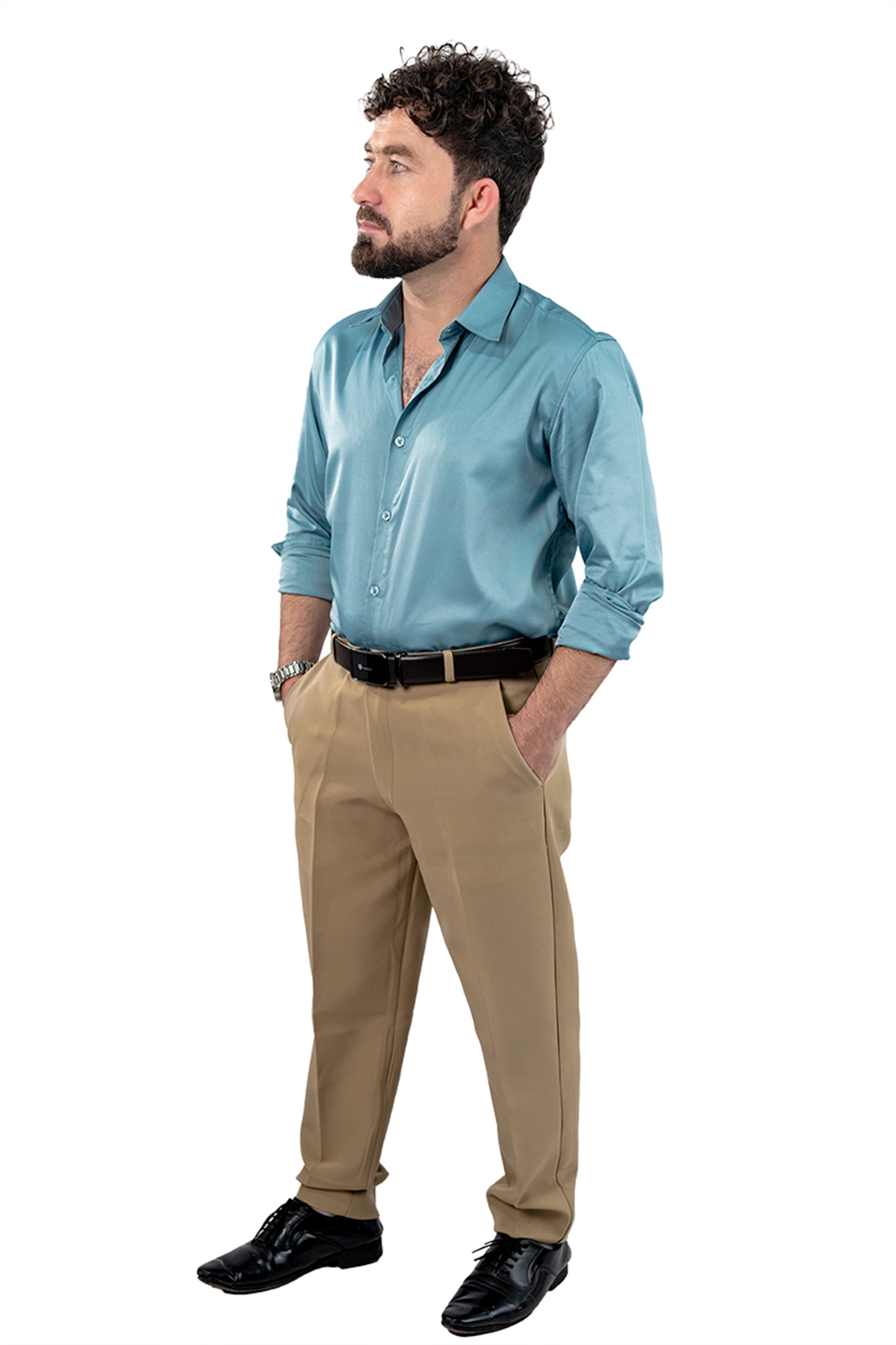 Teal Blue Men's Satin Slim Fit Shirt