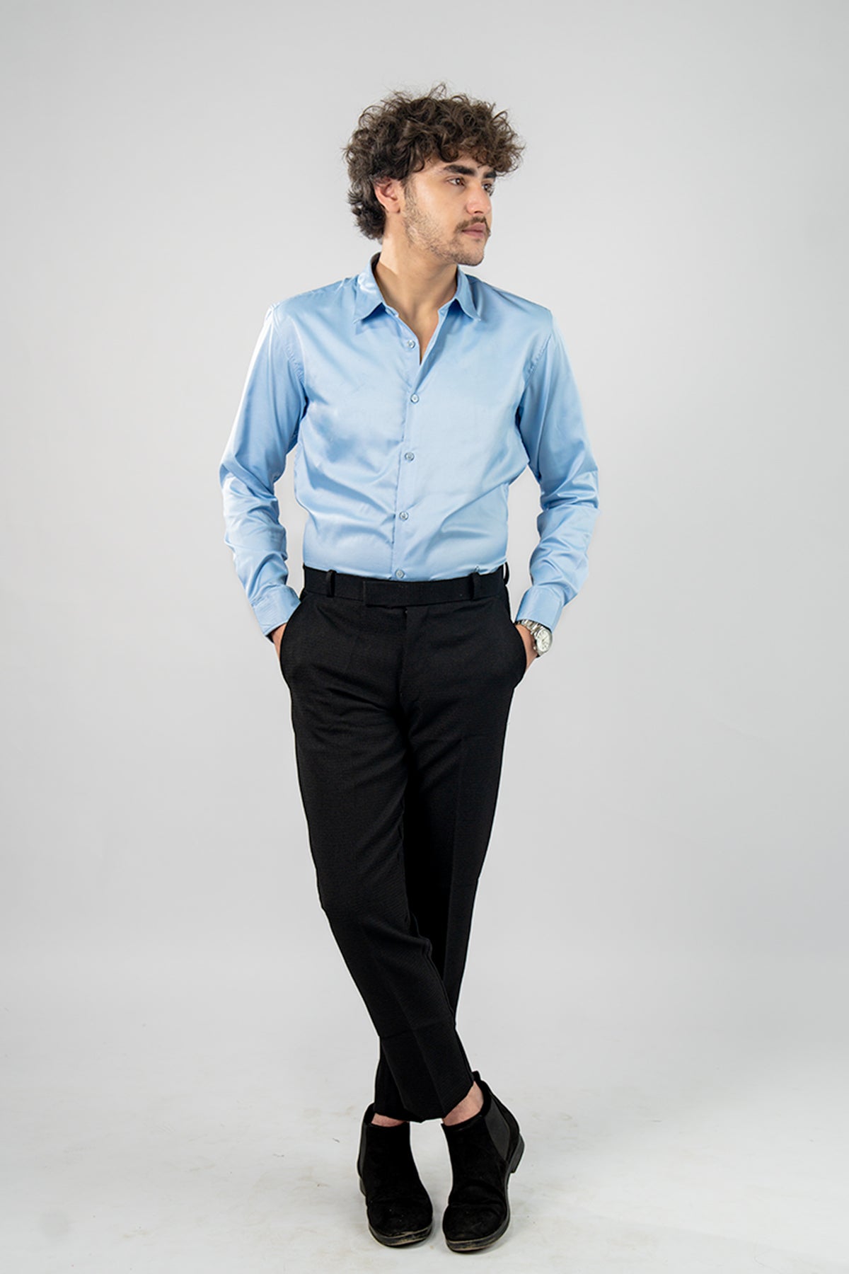 Light Blue Blue Men's Satin Slim Fit Shirt